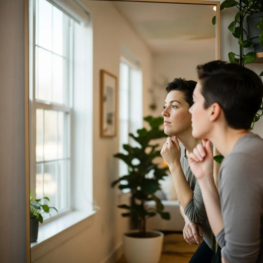 EyeMedia Studios behind-the-scenes: subject rehearsing headshot poses in front of a mirror