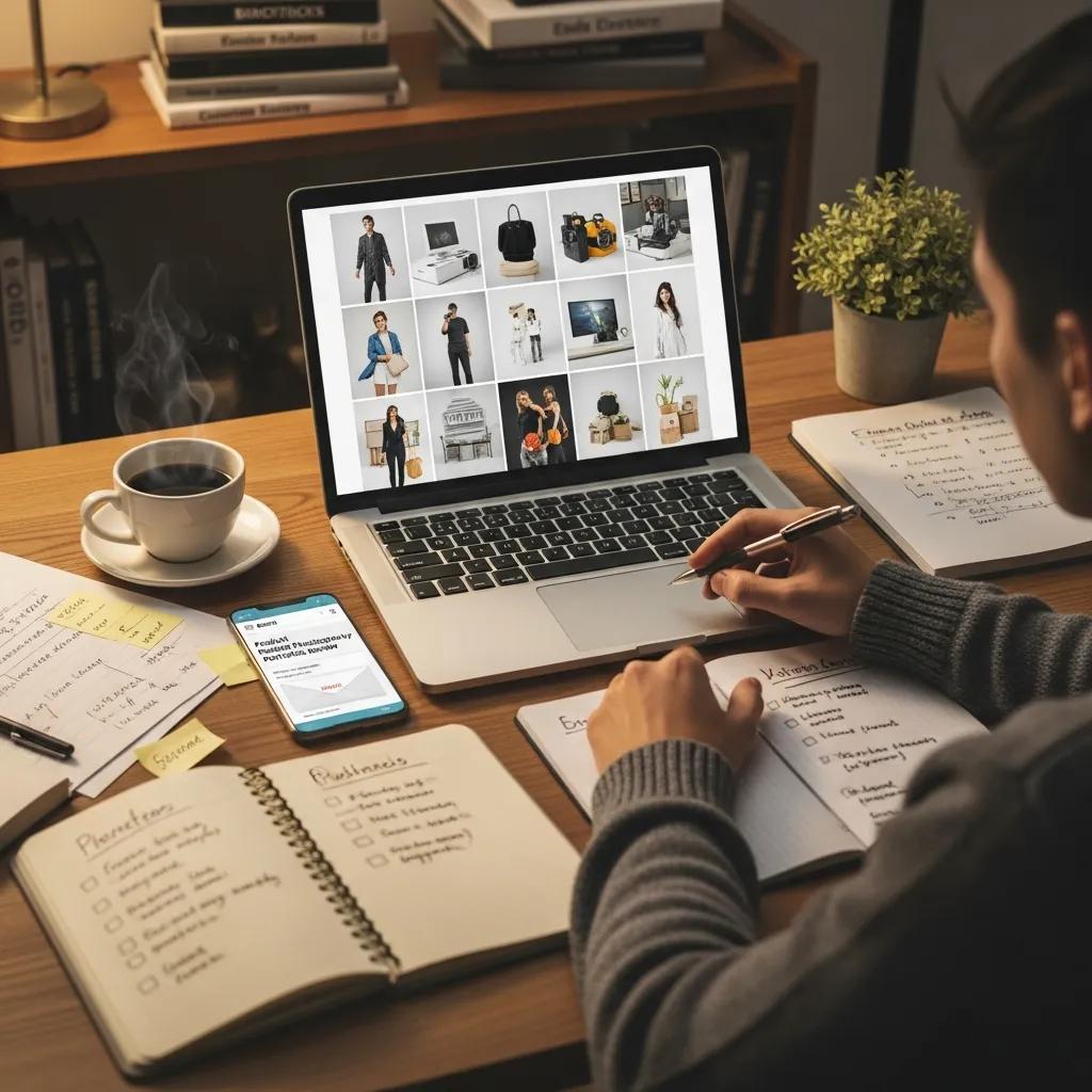 Person reviewing a photographer's ecommerce portfolio on a laptop