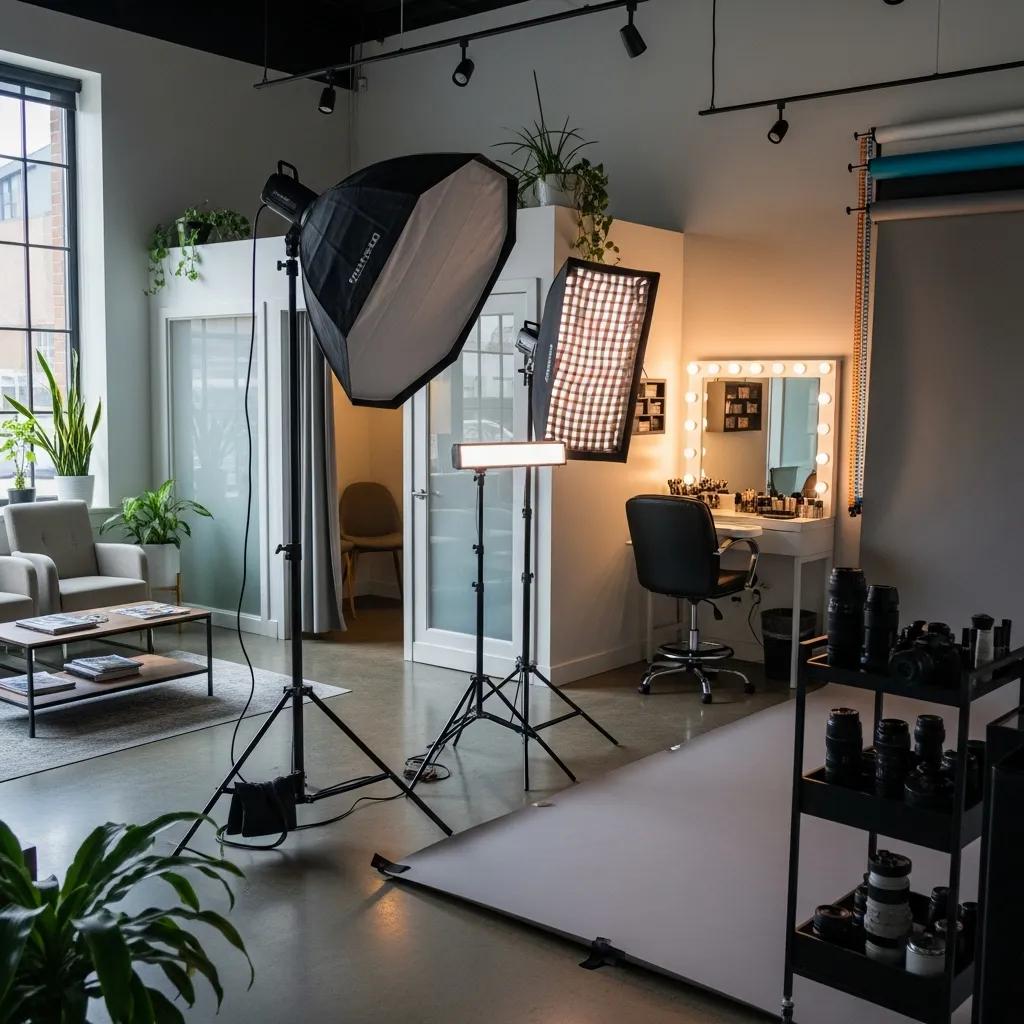 Studio interior with changing rooms and professional lighting