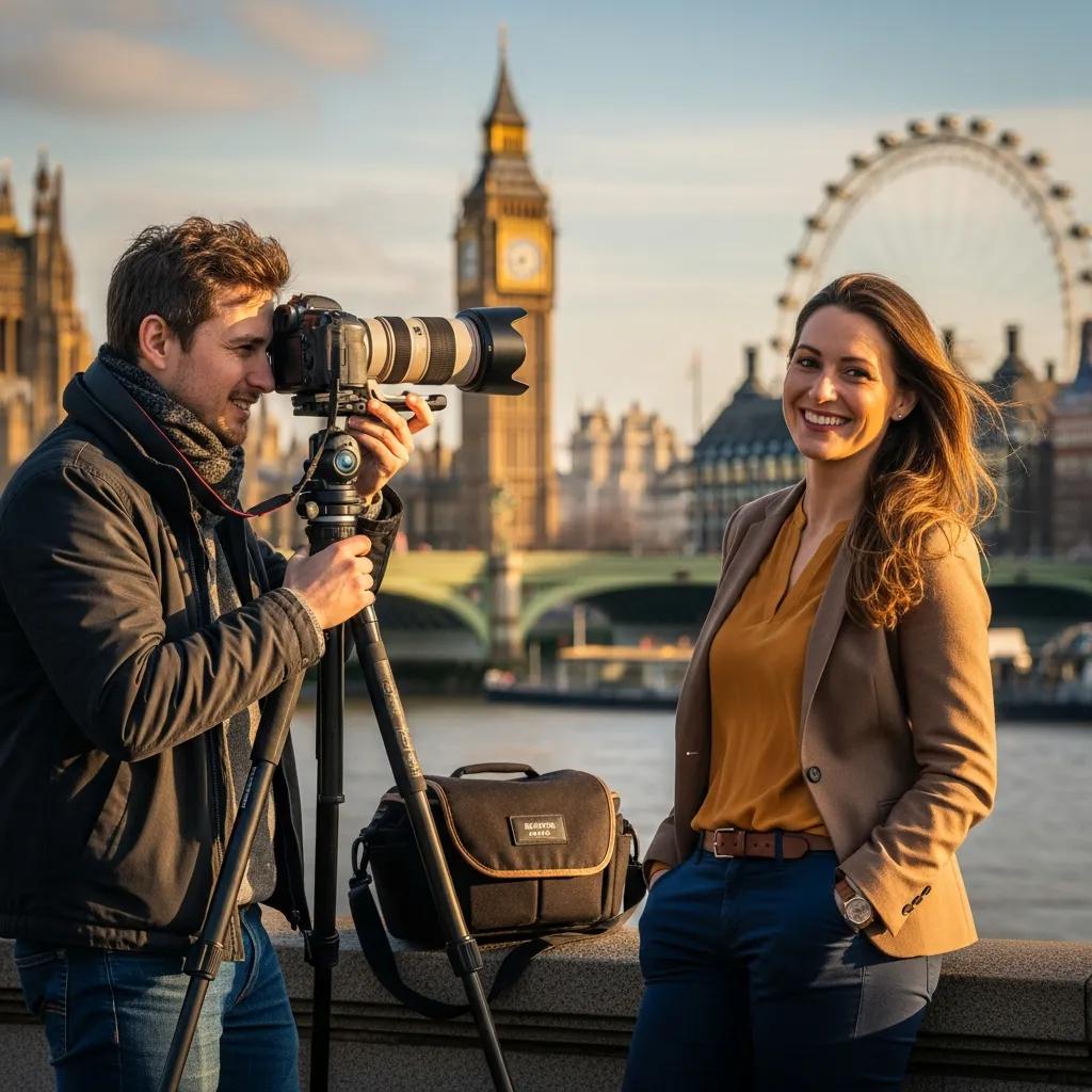 Local photographer capturing a portrait in London with iconic landmarks in the background