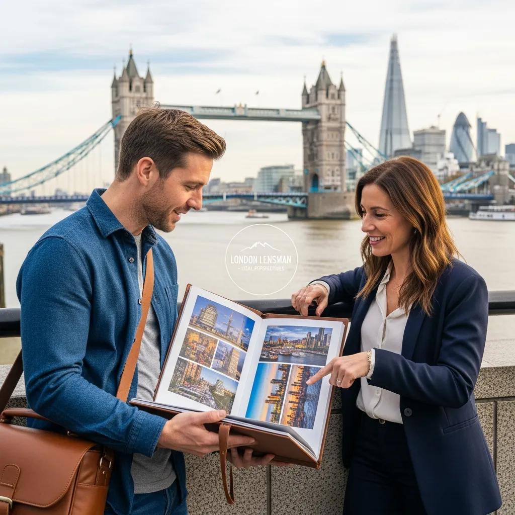 Local London photographer advising a client with city landmarks in the background