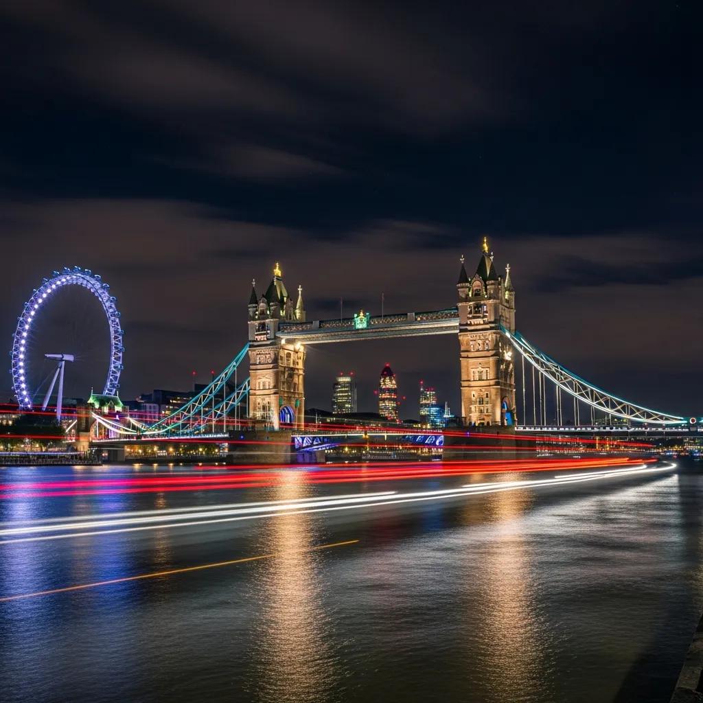 Long exposure photography of London at night featuring illuminated landmarks and light trails