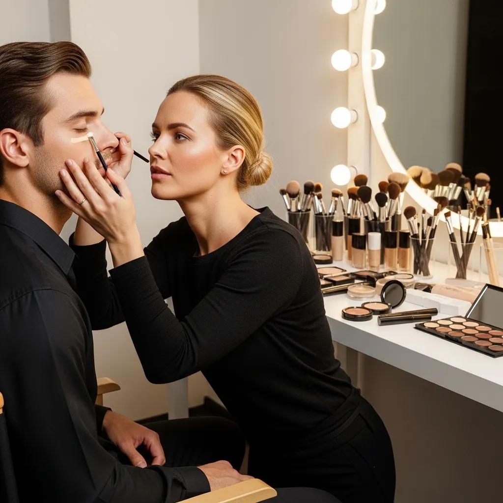 Male client having light makeup applied before a professional headshot
