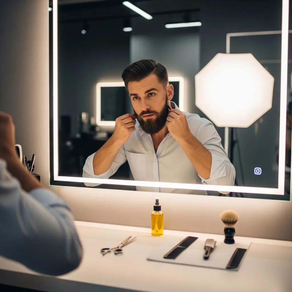 Man grooming his facial hair ahead of a headshot, demonstrating careful trimming and neat styling