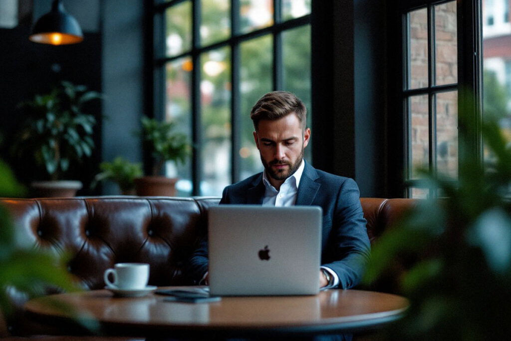 A man sitting at a table using a laptop computer