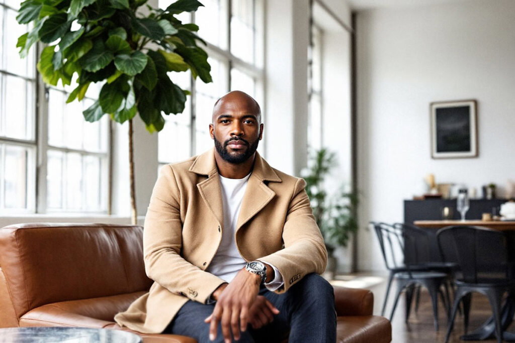 A man sitting on a leather couch
