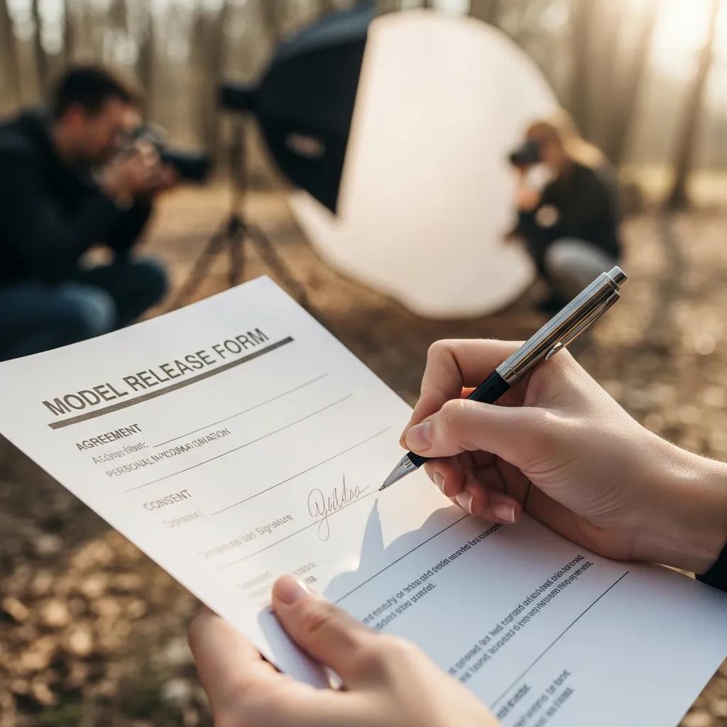 Model signing a release form during a photography session