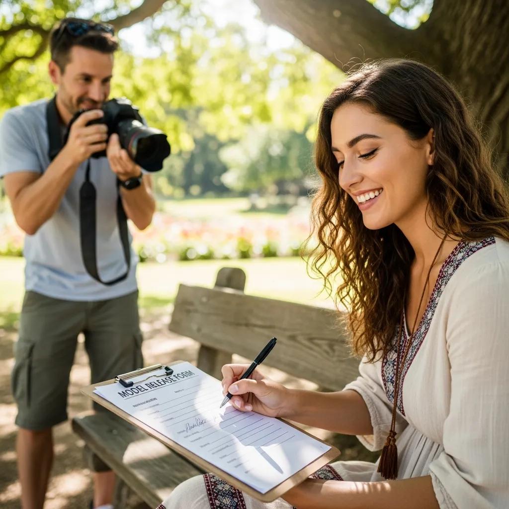 A model signing a release form outdoors, illustrating consent and legal clarity