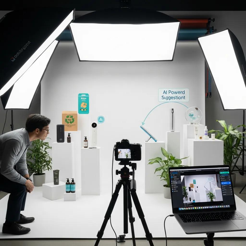 Modern ecommerce product photography setup with professional camera and diverse products