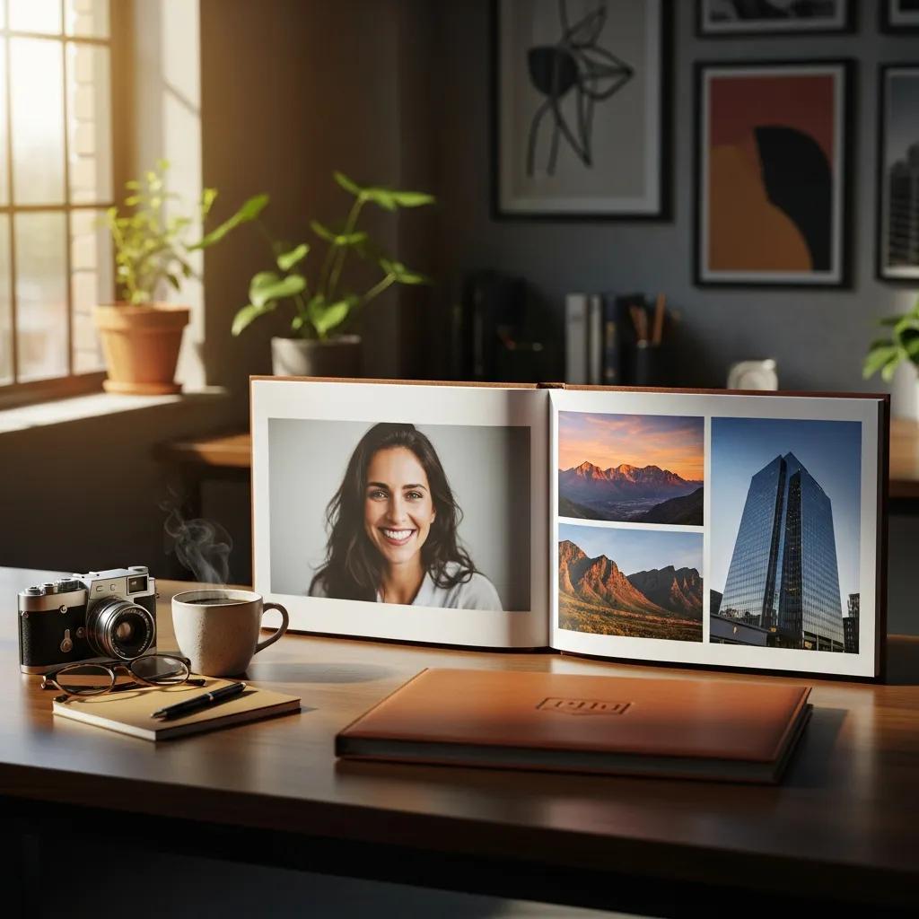 Open photography portfolio on a desk displaying a variety of styles and projects