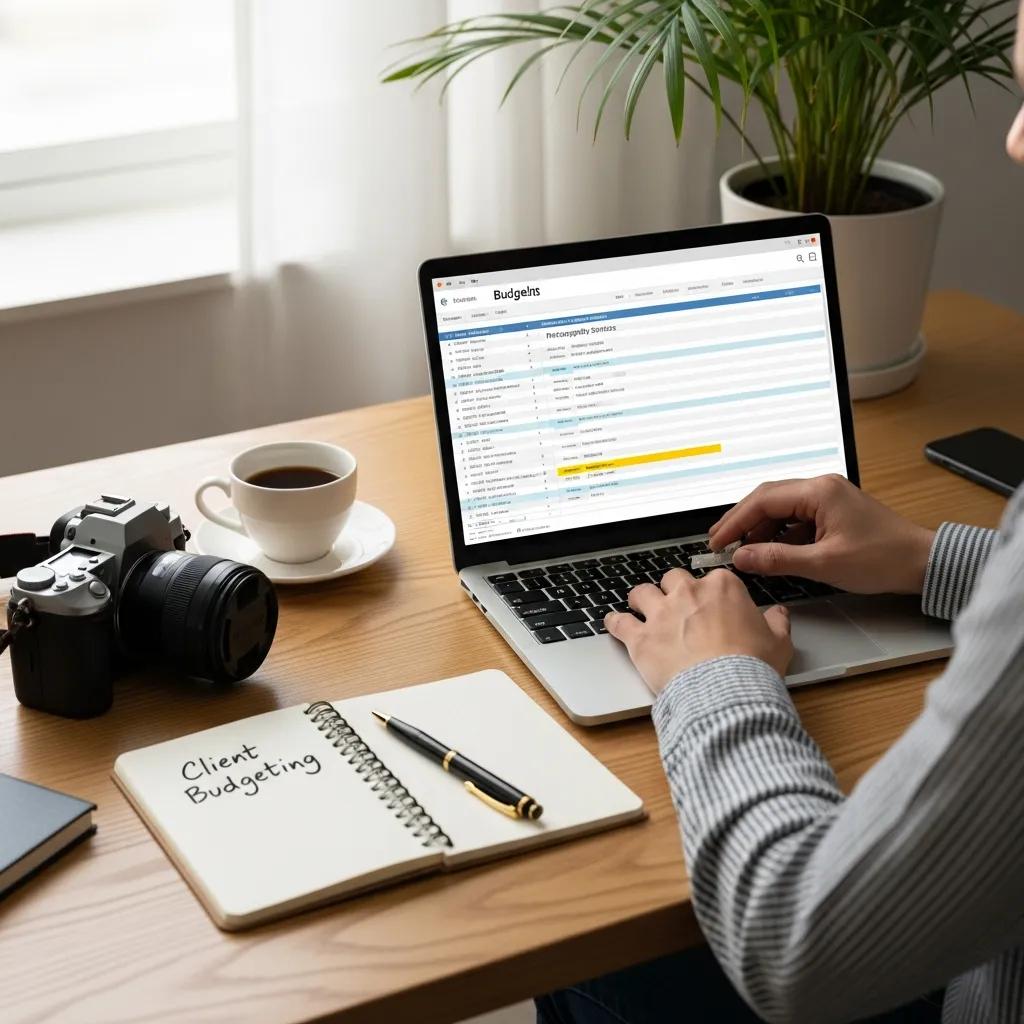 Person planning a photography budget with a laptop and camera on the table