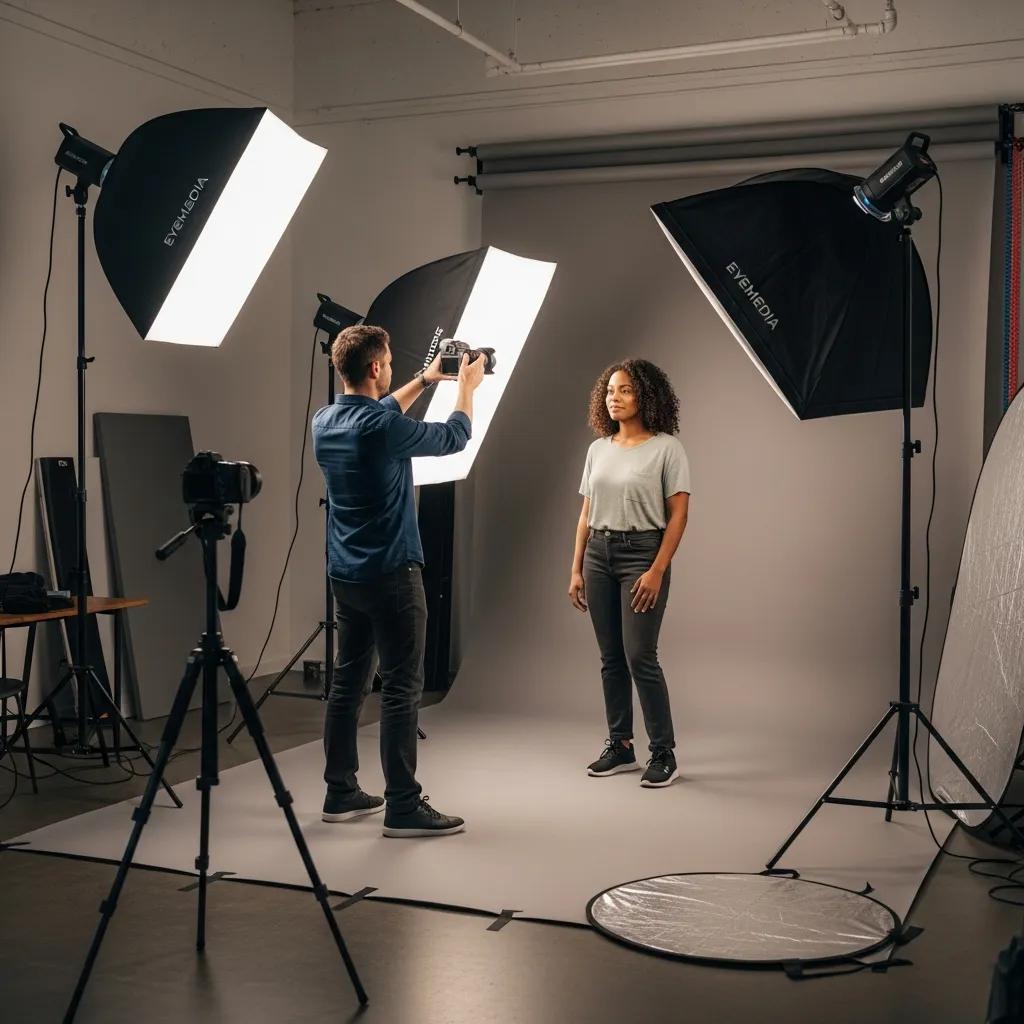 Photographer adjusting studio lighting during a personalised headshot session