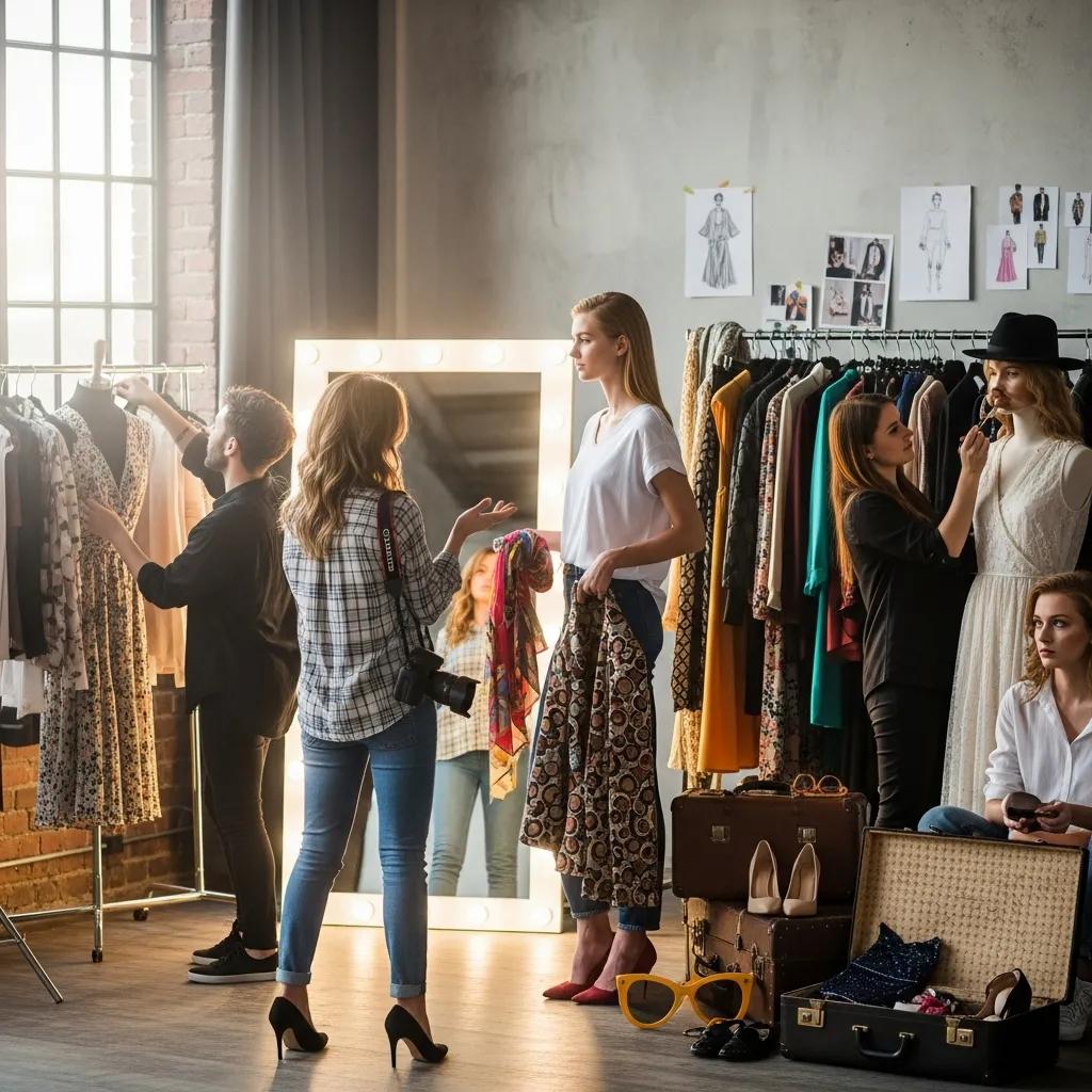 Photographer advising a model on wardrobe choices during shoot preparation