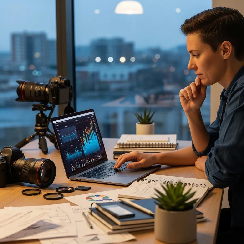 Photographer reviewing market trends in a bright workspace — practical market research for a photography business