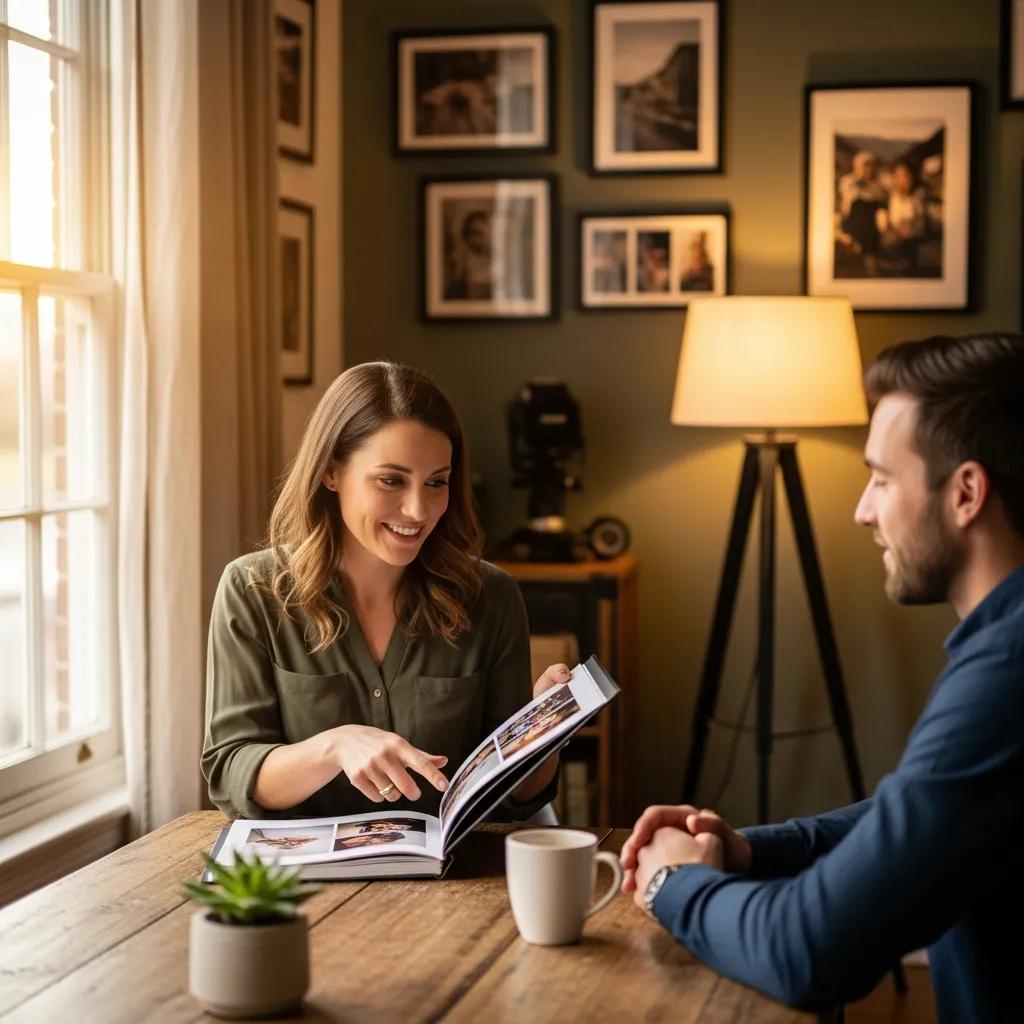 Photographer and client discussing photography portfolio in a cozy studio