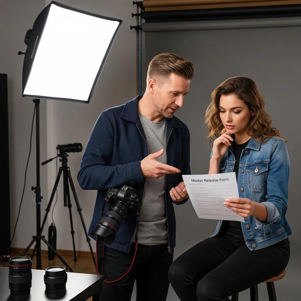 Photographer and model discussing a model release form in a professional photography studio