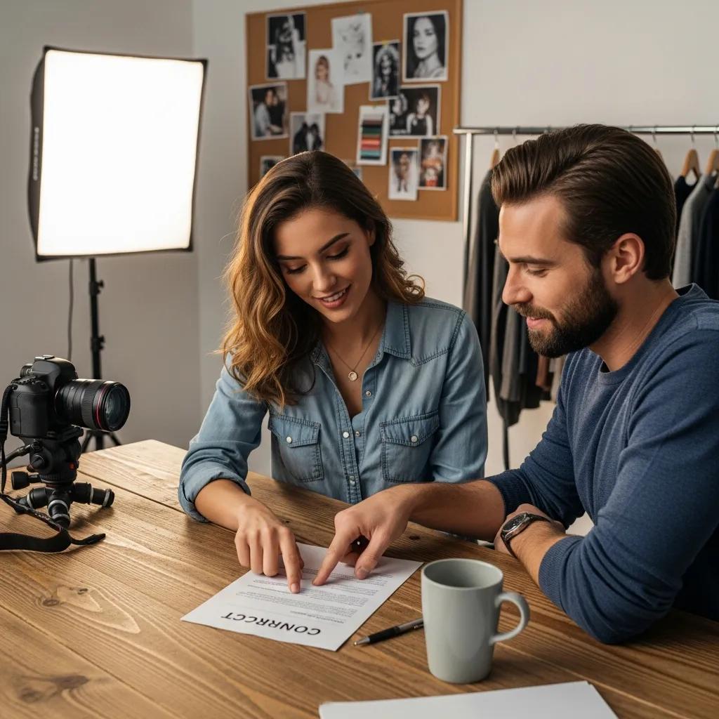 Photographer and model checking a contract to protect image rights in a creative workspace