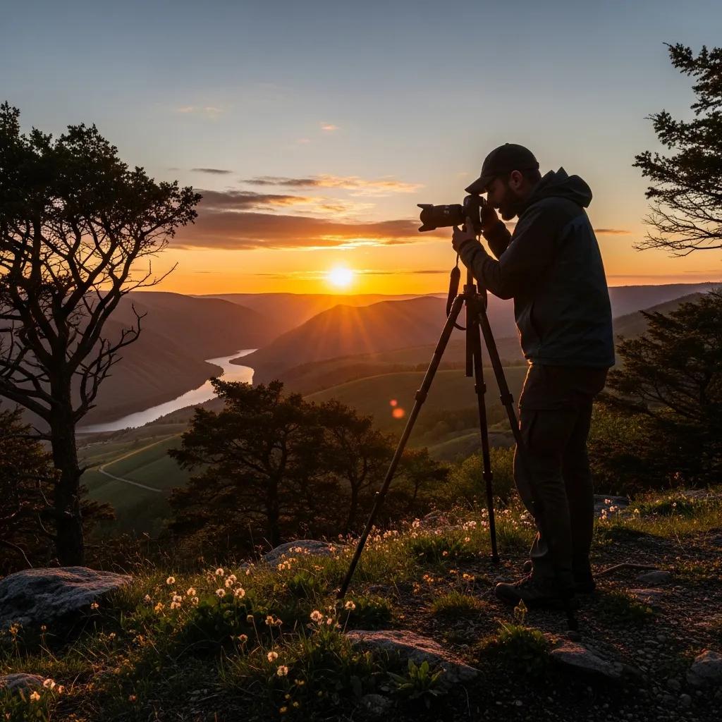 Photographer capturing a landscape at golden hour, representing the journey of finding a unique photography style