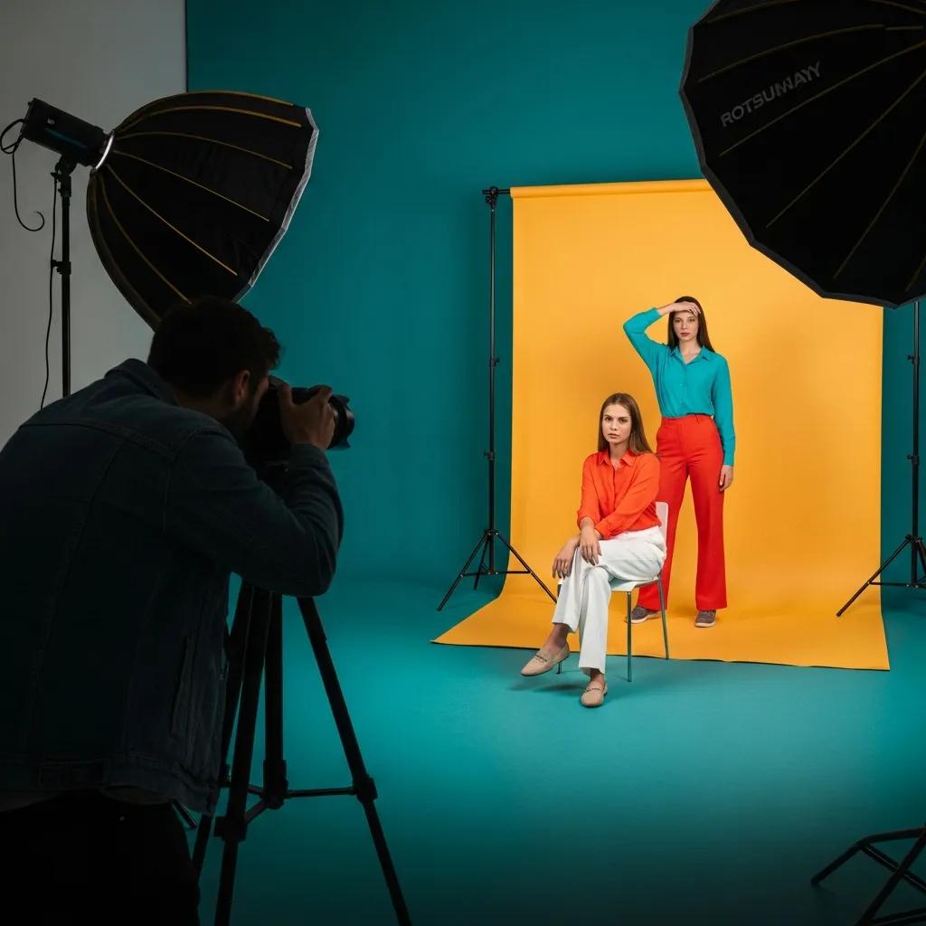 Photographer framing a model in a vibrant set to emphasise brand colour and mood