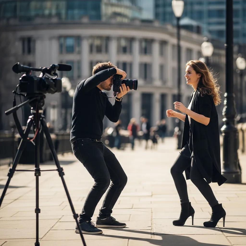 Photographer capturing a model in an urban London setting, illustrating hybrid photography and videography services