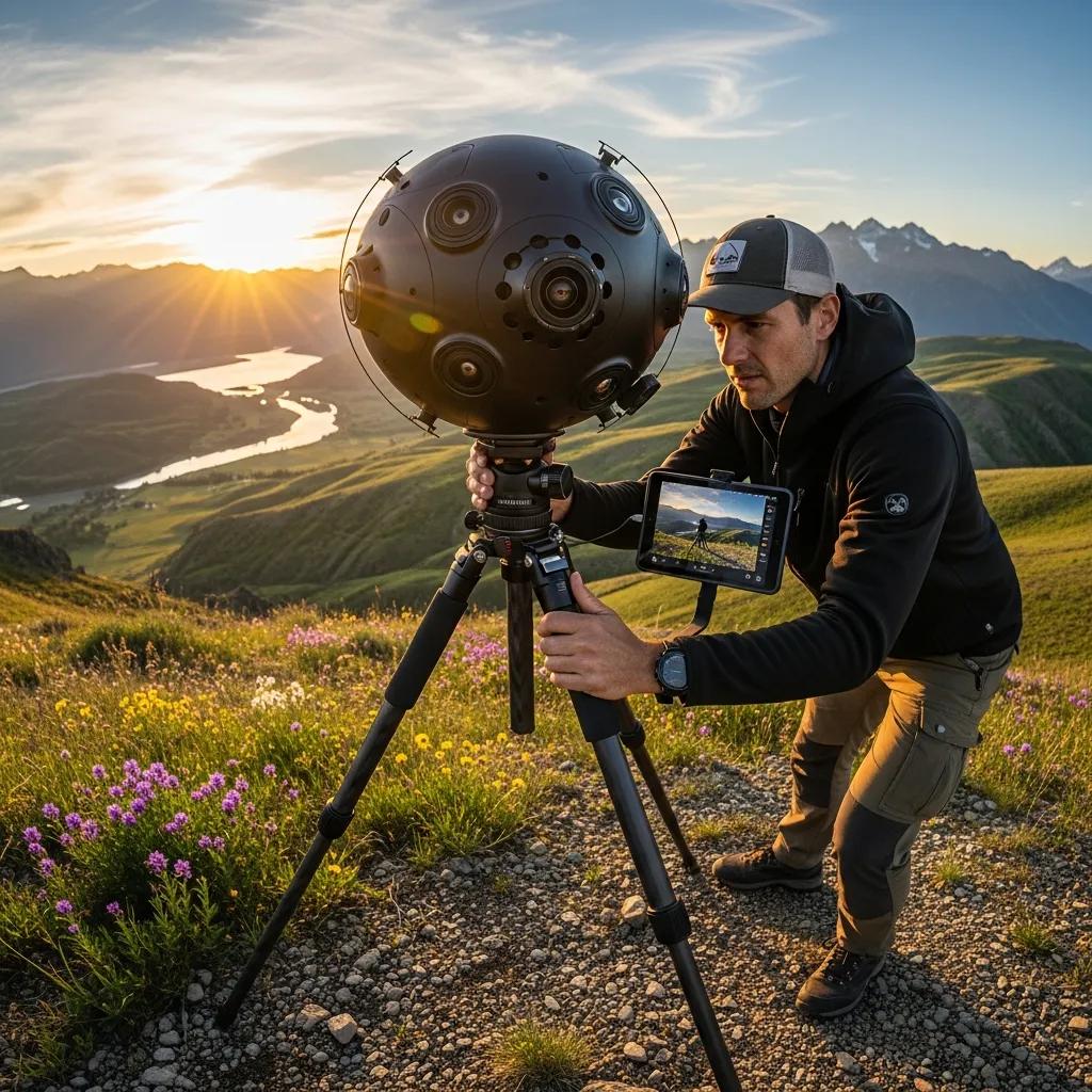 Photographer shooting a 360-degree scene to create interactive VR content
