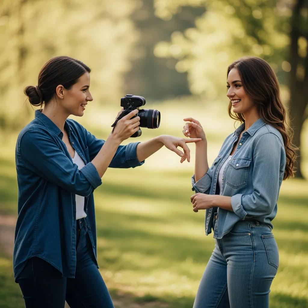 Photographer directing a model in a natural outdoor setting, emphasizing collaboration and comfort