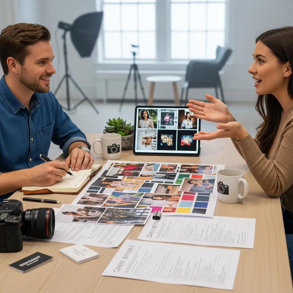 Photographer discussing client needs with mood board and questionnaires