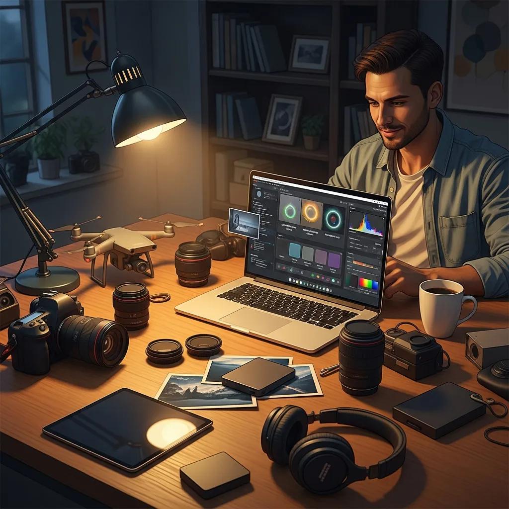 Photographer using AI-driven editing tools on a laptop in a creative studio