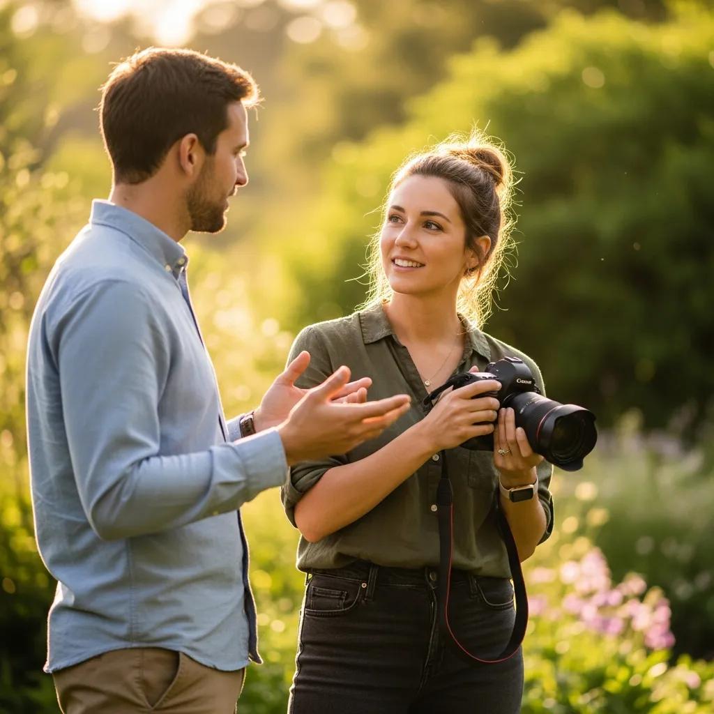 Photographer engaging with a client in a natural setting, emphasizing the hiring process