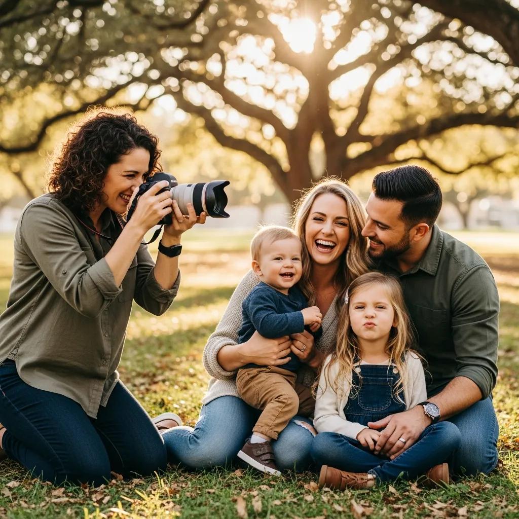 Photographer engaging with clients during a photoshoot, showcasing genuine emotions and professionalism