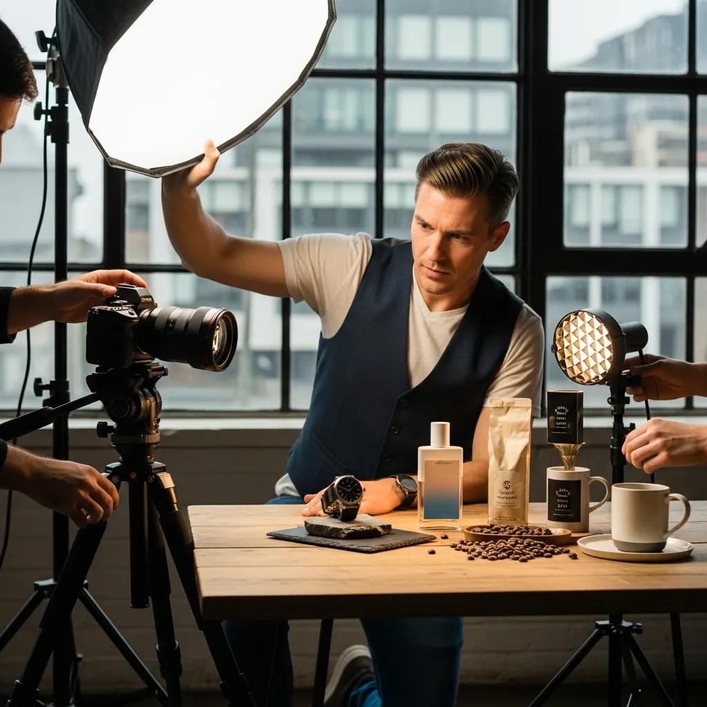 Photographer preparing a commercial shoot with studio lights and styled product