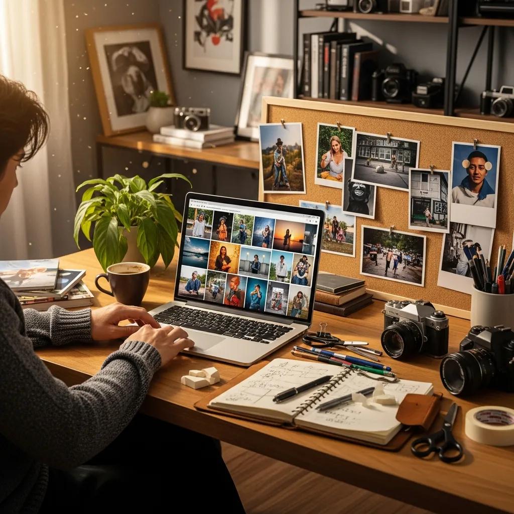 Photographer reviewing a portfolio in a studio, emphasising the role of curation in developing style