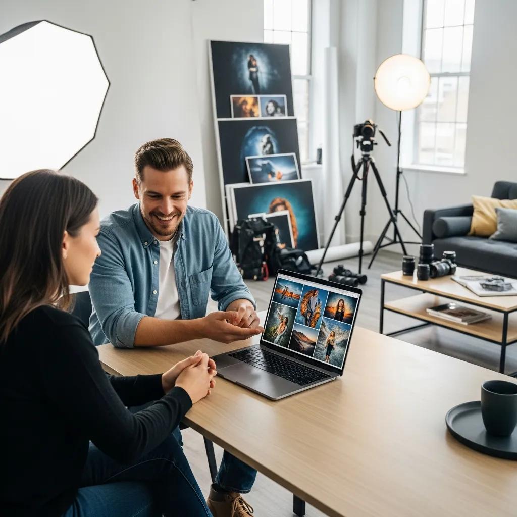 Photographer showing portfolio to client in a modern studio
