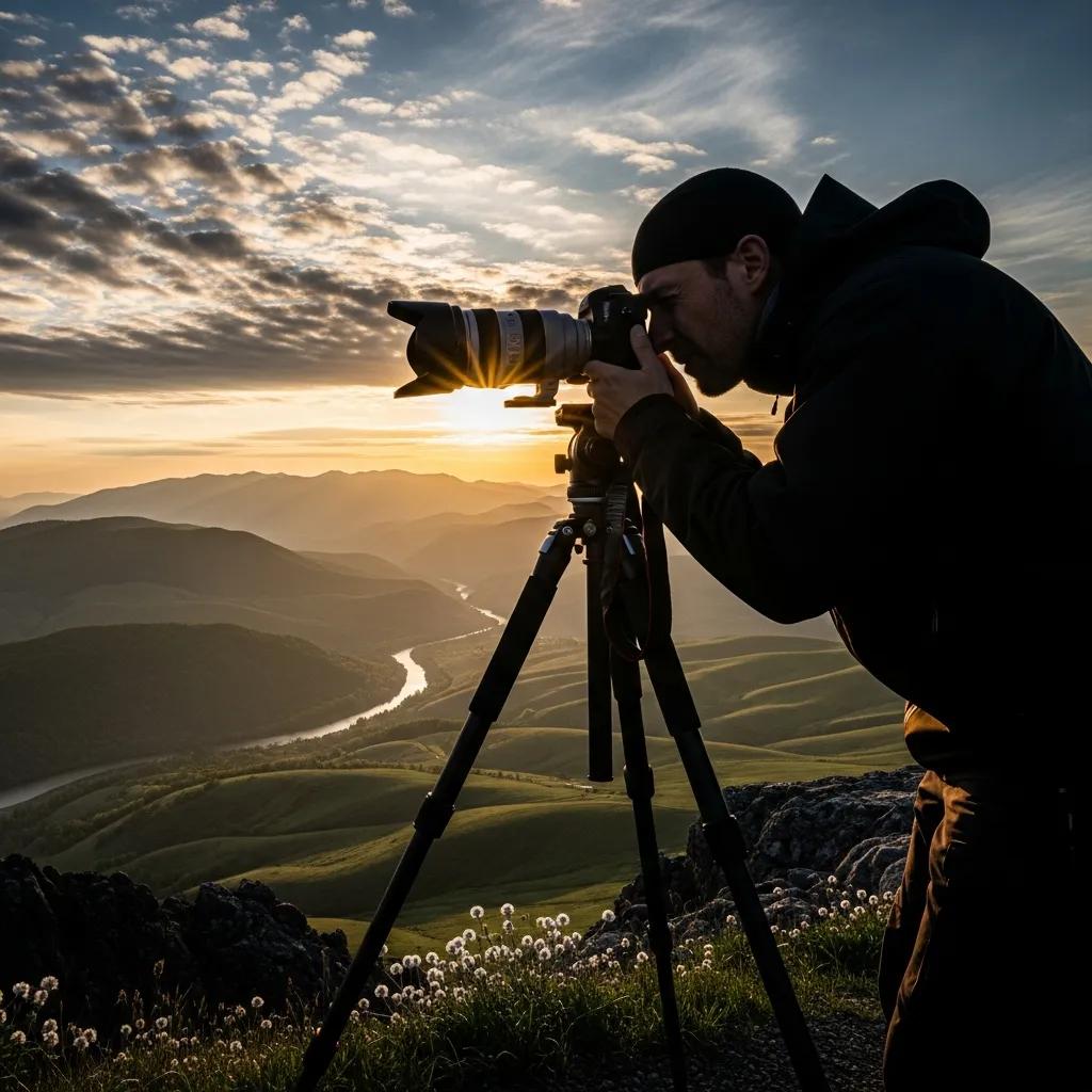 Photographer on a tripod capturing multiple exposures outdoors for HDR