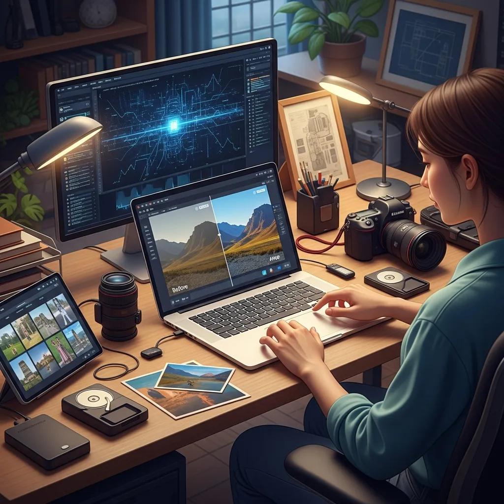 Photographer using AI tools for digital photo editing, showcasing technology's impact on photography