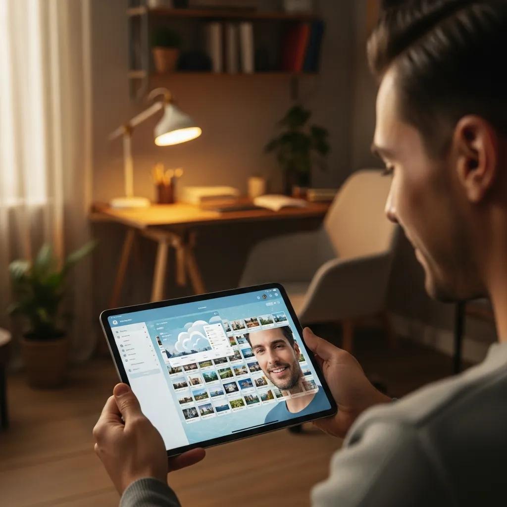 Photographer using cloud storage on a tablet to manage RAW files and photo libraries