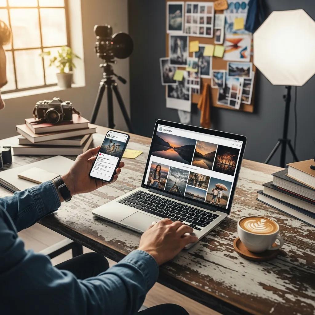 Photographer sharing work on social platforms to attract clients and build a following