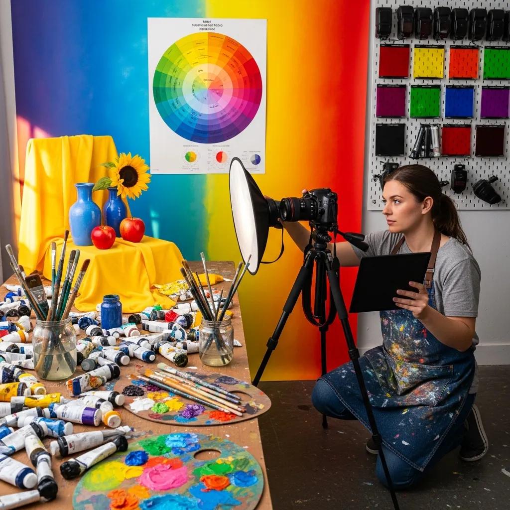Photographer working with a colorful palette, illustrating the importance of color theory in photography