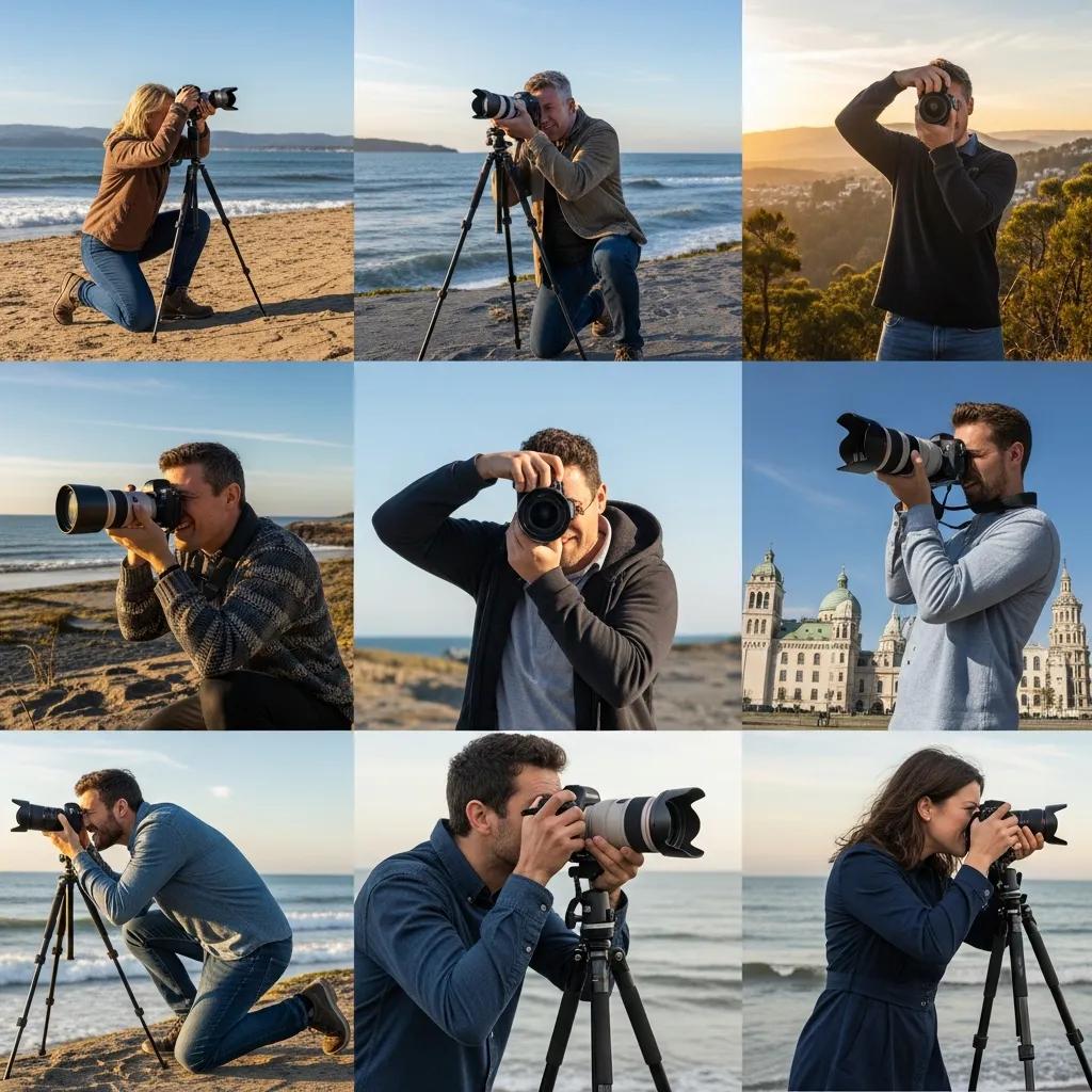 Photographers capturing diverse scenes outdoors, illustrating key photography concepts