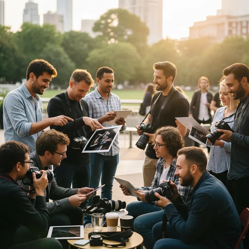 Photographers networking outdoors, showcasing collaboration and creativity