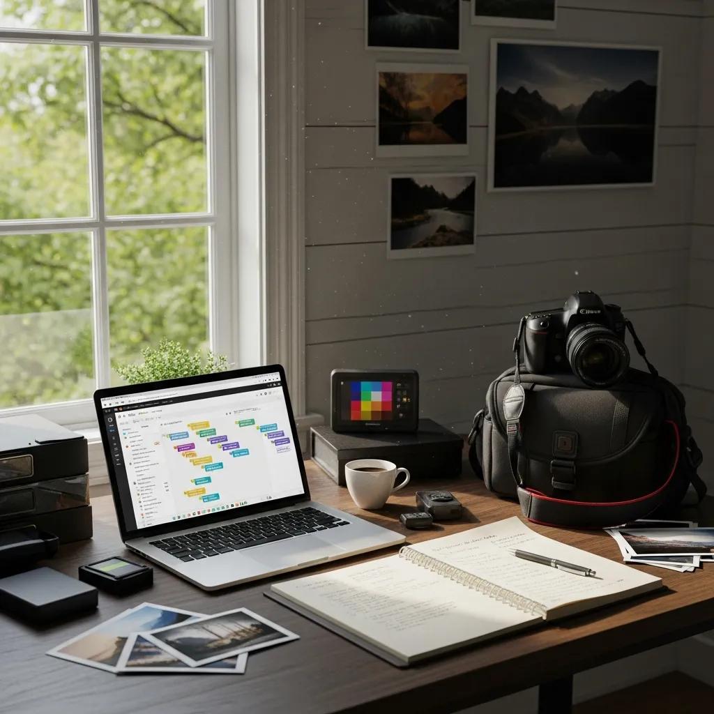 A photographer's tidy workspace with project management tools on screen