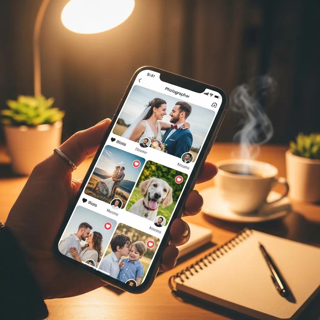 Photographer's social media profile on a smartphone, showcasing positive client interactions