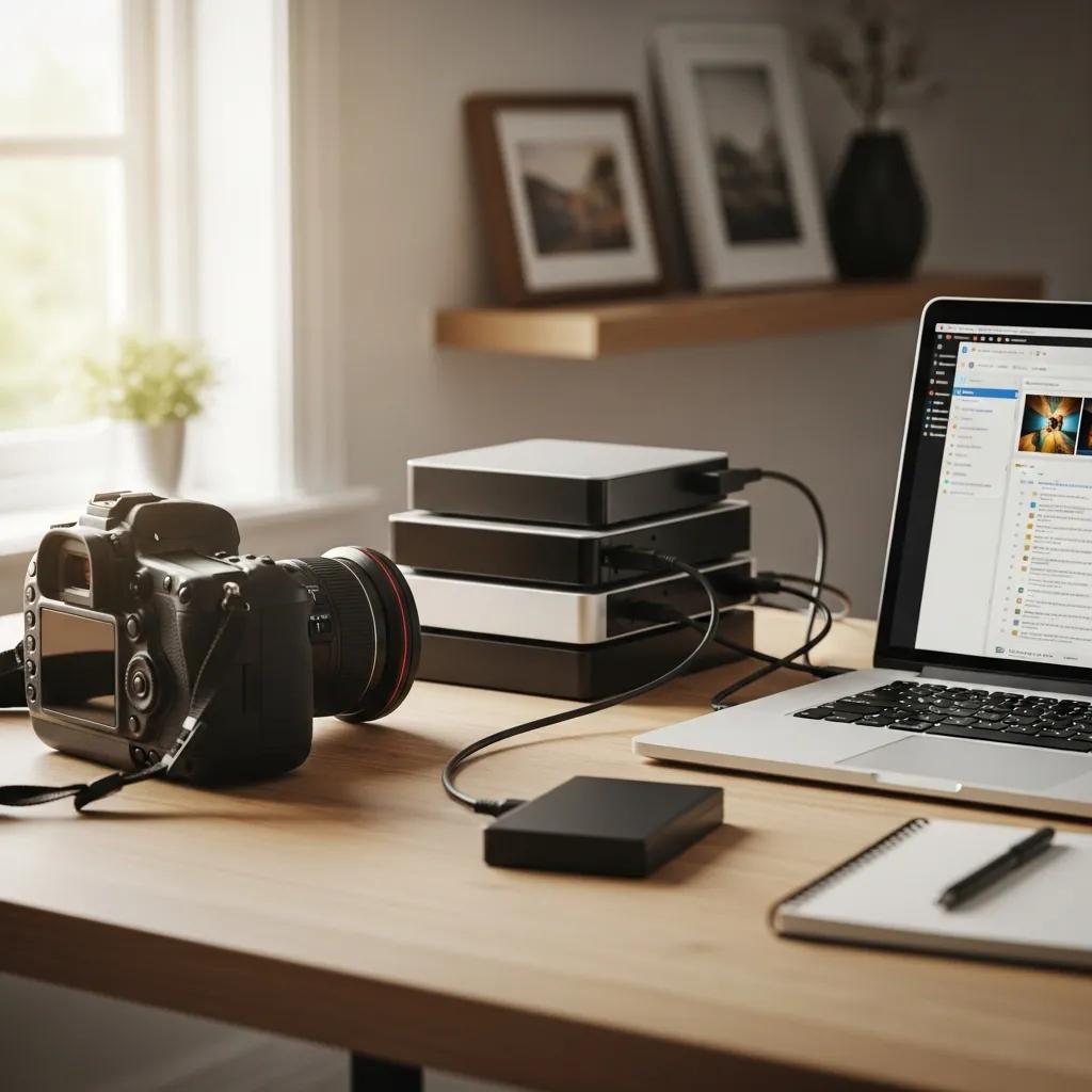 Photographer's workspace with camera and backup devices illustrating photo backup strategies