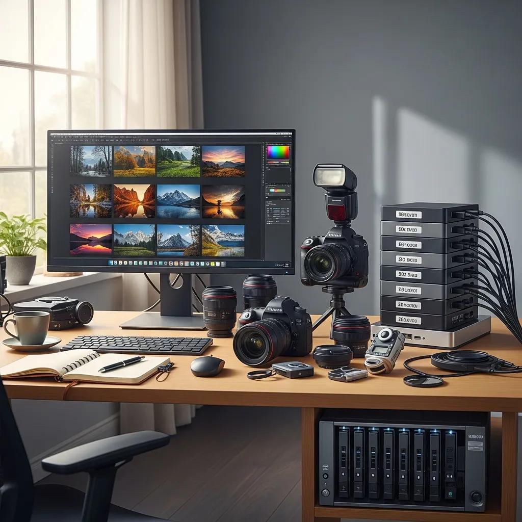 Photographer's workspace with camera gear and storage solutions