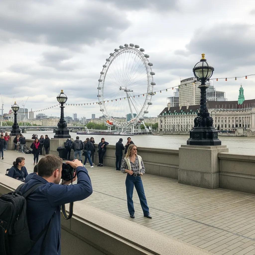 Model and photographer shooting on South Bank, London