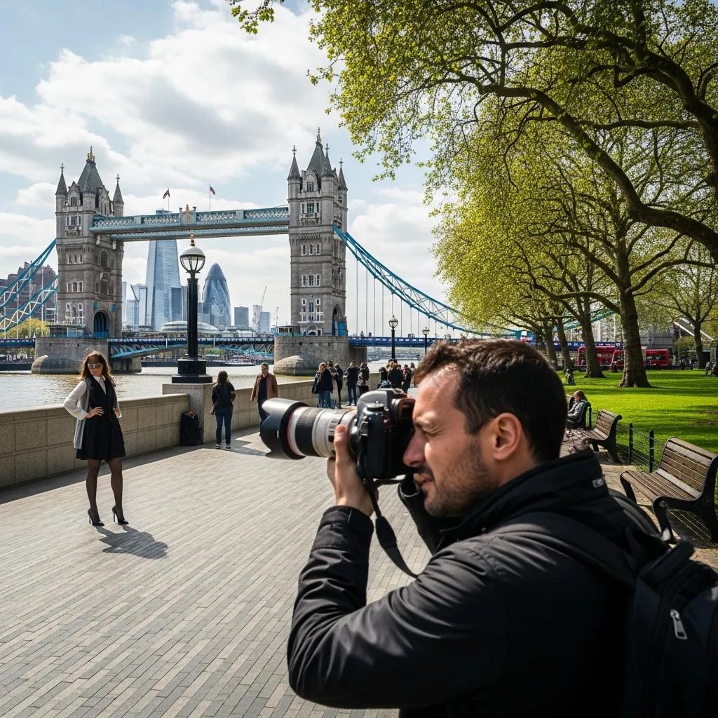 Photoshoot in London featuring Tower Bridge and Hyde Park, highlighting iconic landmarks and vibrant culture