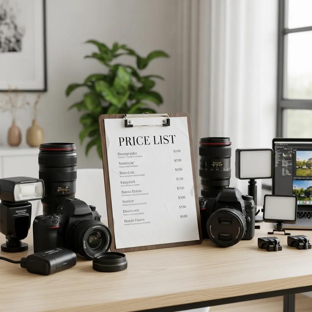 Price list and camera gear on a desk in a modern studio