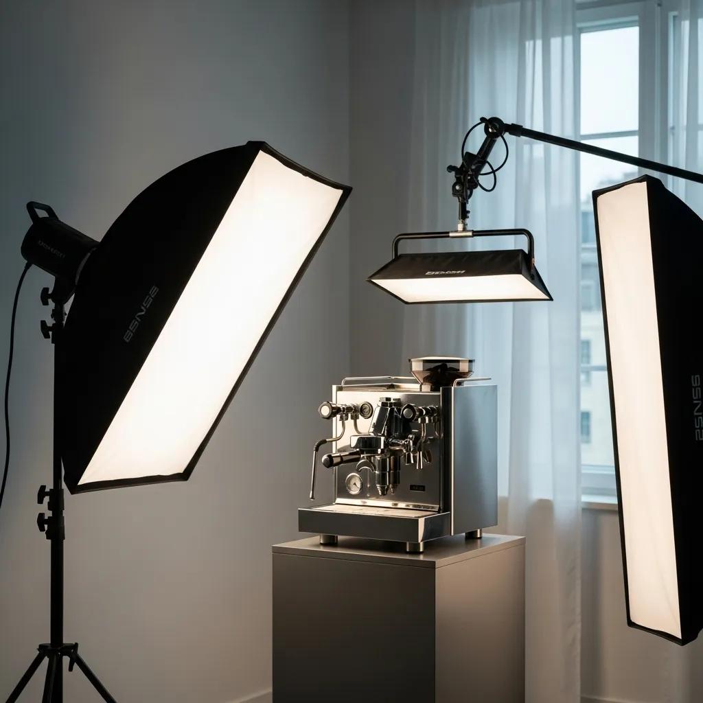 Lighting set-up for product photography showing softboxes and daylight mixing for even illumination