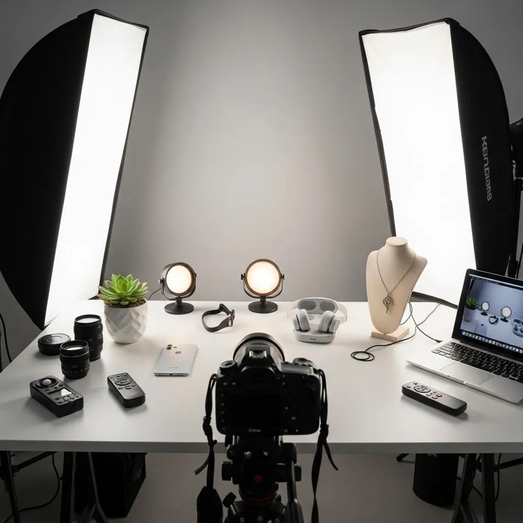 Professional ecommerce photography setup with camera and products