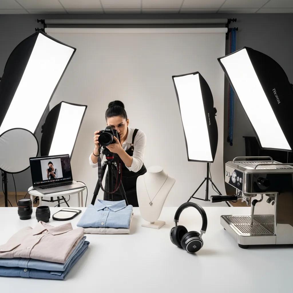 Professional ecommerce product photographer capturing high-quality images of diverse products in a studio